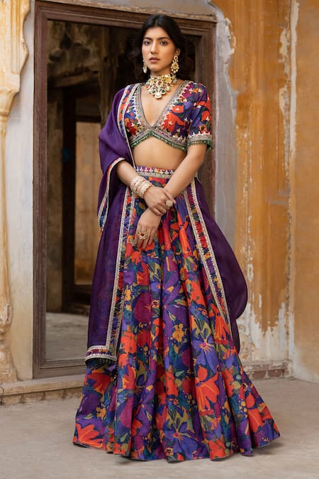 Seeaash Purple Chanderi Printed Rang Plunge V Neck Lehenga Set 