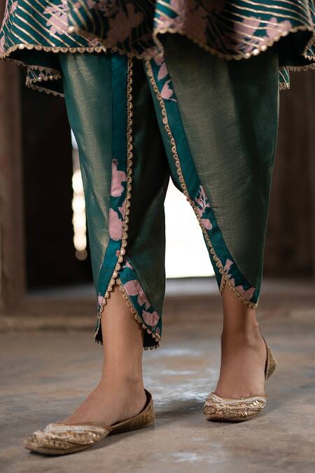 Shop_Seeaash_Emerald Green Chanderi Printed Bagh Round Anarkali Set_Online_at_Aza_Fashions