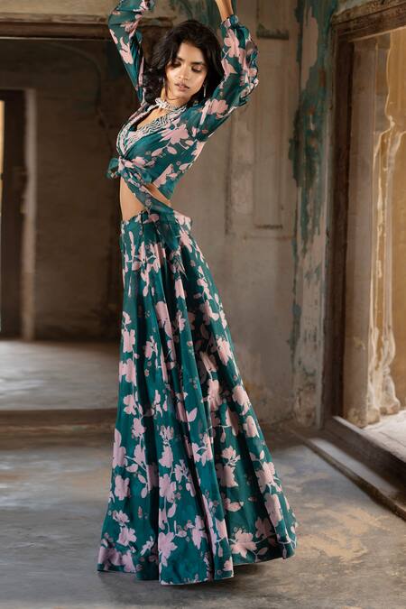 Shop_Seeaash_Emerald Green Flat Chiffon Printed Bagh Jacket Notched Lapel Collar Lehenga Set_Online_at_Aza_Fashions