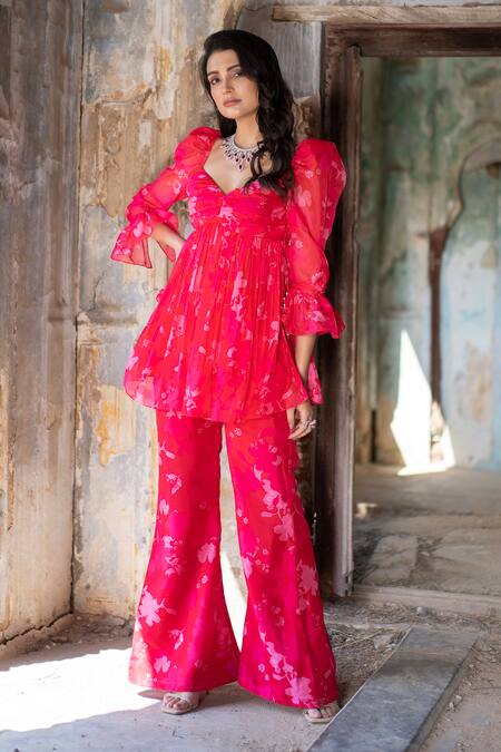 Seeaash_Pink Organza Embroidery Sweetheart Neck Bagh Floral Print Tunic And Pant Set_Online_at_Aza_Fashions
