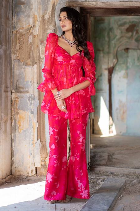 Buy_Seeaash_Pink Organza Embroidery Sweetheart Neck Bagh Floral Print Tunic And Pant Set_Online_at_Aza_Fashions