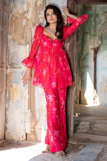 Shop_Seeaash_Pink Organza Embroidery Sweetheart Neck Bagh Floral Print Tunic And Pant Set_Online_at_Aza_Fashions