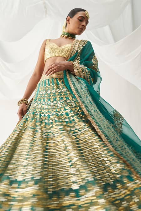 1209 Green Lengha With Golden Offshoulder Blouse – Shama's Collection