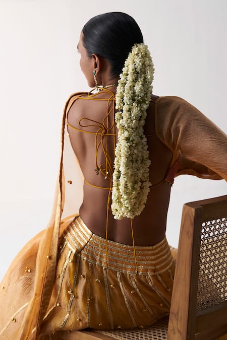 Shop Itrh Yellow Tissue Gota Patti Plunge Neck Ghunghroo Embellished Lehenga Set at Aza Fashions Shop_Itrh_Yellow Tissue Gota Patti Plunge Neck Ghunghroo Embellished Lehenga Set _at_Aza_Fashions