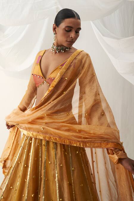 Buy Itrh Yellow Tissue Gota Patti Plunge Neck Ghunghroo Embellished Lehenga Set Online at Aza Fashions Buy_Itrh_Yellow Tissue Gota Patti Plunge Neck Ghunghroo Embellished Lehenga Set _Online_at_Aza_Fashions