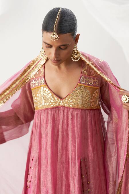 Itrh Pink Tissue Embroidery, Gota Patti V-neck Gathered Work Kurta Set Online at Aza Fashions Itrh_Pink Tissue Embroidery, Gota Patti V-neck Gathered Work Kurta Set _Online_at_Aza_Fashions