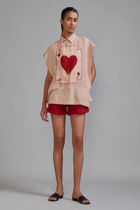 MATI_1_Pink Collared Ace Hearts Kaftan Shirt And Shorts Set _Online_at_Aza_Fashions