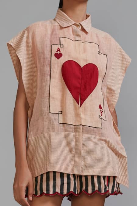 MATI_1_Pink Collared Hand Applique Kaftan Shirt And Scalloped Shorts _Online_at_Aza_Fashions