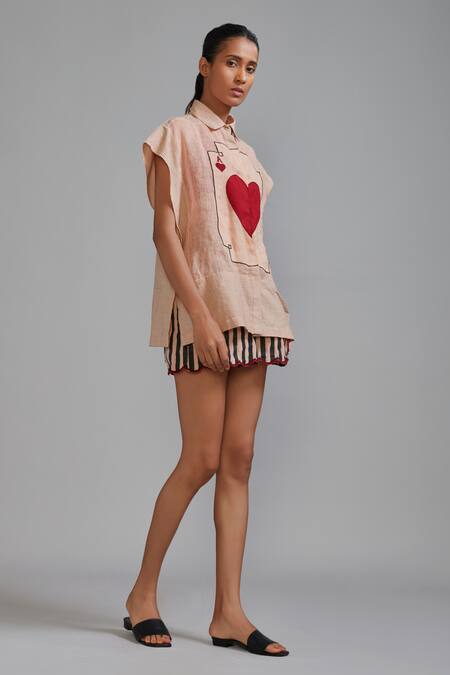 Mati_Pink Linen Embroidery Collared Ace Shirt _at_Aza_Fashions
