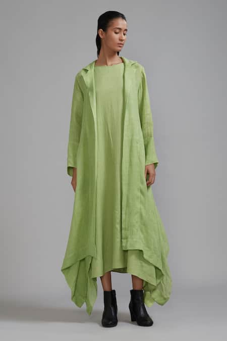 Shop MATI_1 Green Linen Collared Trench Koza Asymmetric Jacket at Aza Fashions Shop_MATI_1_Green Linen Collared Trench Koza Asymmetric Jacket _at_Aza_Fashions