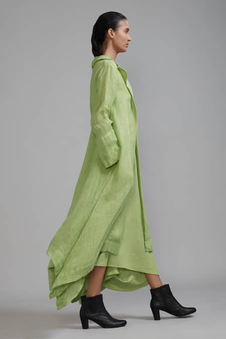MATI_1 Green Linen Collared Trench Koza Asymmetric Jacket Online at Aza Fashions MATI_1_Green Linen Collared Trench Koza Asymmetric Jacket _Online_at_Aza_Fashions