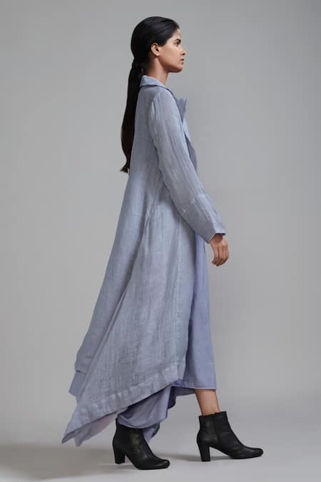 Shop MATI_1 Purple Linen Collared Trench Koza Jacket at Aza Fashions Shop_MATI_1_Purple Linen Collared Trench Koza Jacket _at_Aza_Fashions