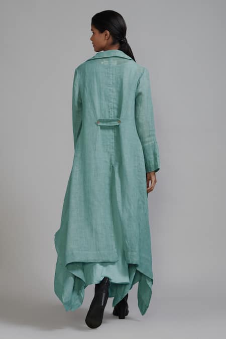 Shop_Mati_Blue Linen Collared Trench Koza Asymmetric Jacket _at_Aza_Fashions