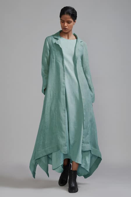Mati_Blue Linen Collared Trench Koza Asymmetric Jacket _Online_at_Aza_Fashions