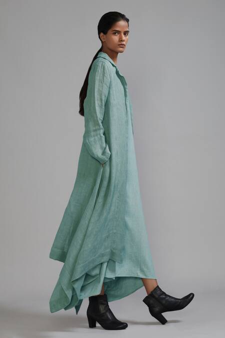 Buy_Mati_Blue Linen Collared Trench Koza Asymmetric Jacket _Online_at_Aza_Fashions