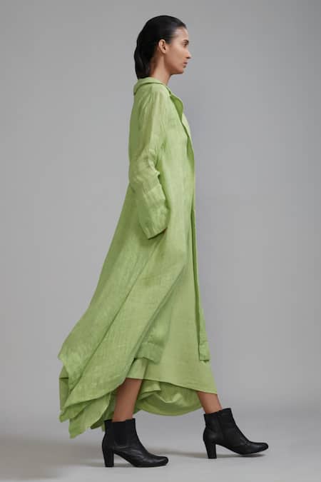 MATI_1 Green Linen Boat Neck, Collared Vari Aakaar Dress And Trench Jacket Set Online at Aza Fashions MATI_1_Green Linen Boat Neck, Collared Vari Aakaar Dress And Trench Jacket Set _Online_at_Aza_Fashions