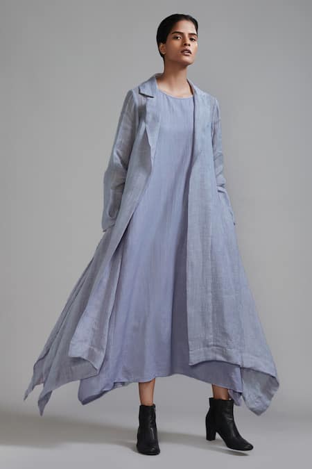 Shop_MATI_1_Purple Linen Boat Neck, Collared Vari Aakaar Dress And Trench Jacket Set _at_Aza_Fashions