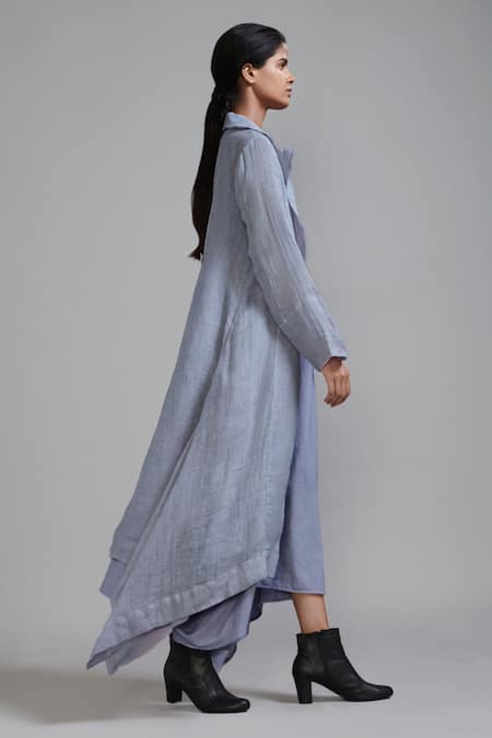 MATI_1_Purple Linen Boat Neck, Collared Vari Aakaar Dress And Trench Jacket Set _Online_at_Aza_Fashions