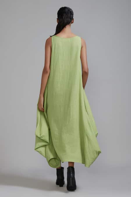 Shop MATI_1 Green Handloom Cotton Boat Neck Vari Aakaar Side Cowl Draped Dress at Aza Fashions Shop_MATI_1_Green Handloom Cotton Boat Neck Vari Aakaar Side Cowl Draped Dress _at_Aza_Fashions