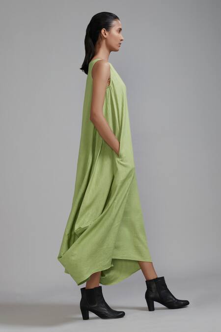 Buy MATI_1 Green Handloom Cotton Boat Neck Vari Aakaar Side Cowl Draped Dress Online at Aza Fashions Buy_MATI_1_Green Handloom Cotton Boat Neck Vari Aakaar Side Cowl Draped Dress _Online_at_Aza_Fashions