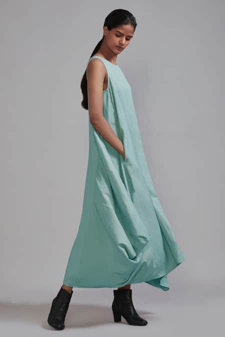 Buy MATI_1 Purple Handloom Cotton Boat Neck Vari Aakaar Draped Dress Online at Aza Fashions Buy_MATI_1_Purple Handloom Cotton Boat Neck Vari Aakaar Draped Dress _Online_at_Aza_Fashions