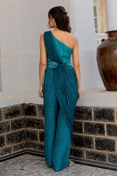 Shop 17:17 By Simmi Saboo Blue Muslin Floral Mandala Asymmetric Neck Isabella Pattern Jumpsuit With Belt at Aza Fashions Shop_17:17 By Simmi Saboo_Blue Muslin Floral Mandala Asymmetric Neck Isabella Pattern Jumpsuit With Belt _at_Aza_Fashions