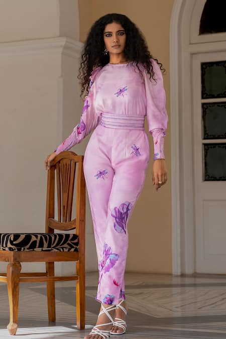 17:17 By Simmi Saboo Purple Muslin Crystals Round Neck Jacob Dragonfly Pattern Top And Pant Set 