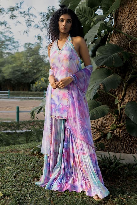 17:17 By Simmi Saboo Purple Chiffon Paint Brush Effect Halter Neck James Kurta And Sharara Set 