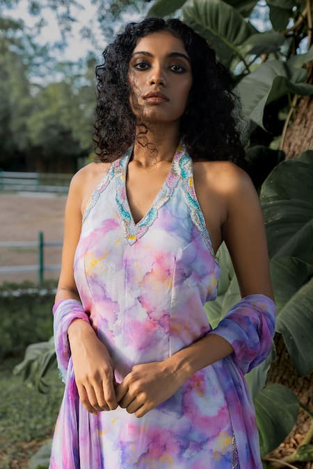 Shop 17:17 By Simmi Saboo Purple Chiffon Paint Brush Effect Halter Neck James Kurta And Sharara Set Online at Aza Fashions Shop_17:17 By Simmi Saboo_Purple Chiffon Paint Brush Effect Halter Neck James Kurta And Sharara Set _Online_at_Aza_Fashions