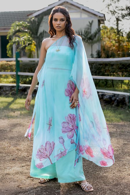 17:17 By Simmi Saboo Blue Chiffon Floral Bloom Cape Asymmetric Neck Jamilla Pattern And Palazzo Set 