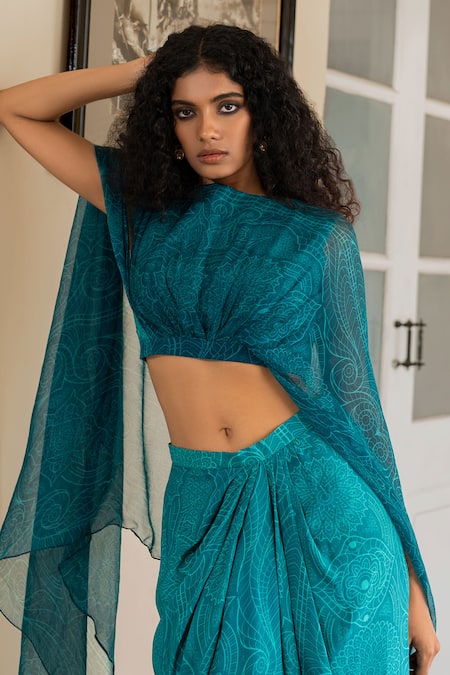 17:17 By Simmi Saboo Blue Chiffon Embroidery Round Neck Kai Floral Mandala Pattern Top With Skirt Online at Aza Fashions 17:17 By Simmi Saboo_Blue Chiffon Embroidery Round Neck Kai Floral Mandala Pattern Top With Skirt _Online_at_Aza_Fashions