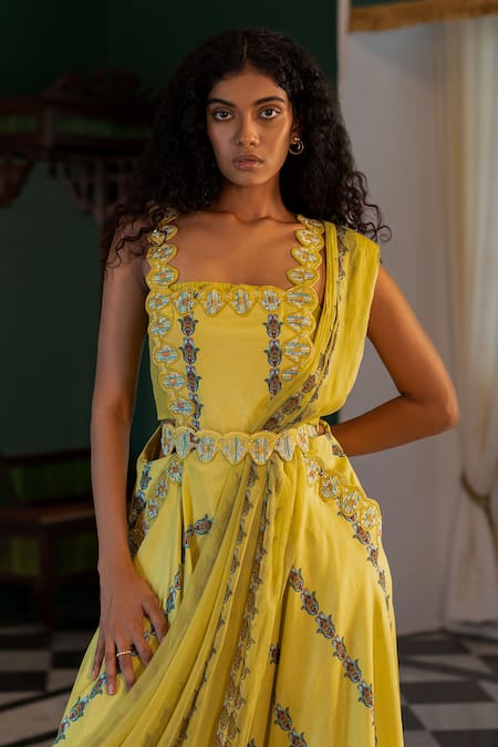 17:17 By Simmi Saboo Yellow Muslin Hamsa Square Neck Marlin Pattern Suspender Saree With Tube Top Online at Aza Fashions 17:17 By Simmi Saboo_Yellow Muslin Hamsa Square Neck Marlin Pattern Suspender Saree With Tube Top _Online_at_Aza_Fashions