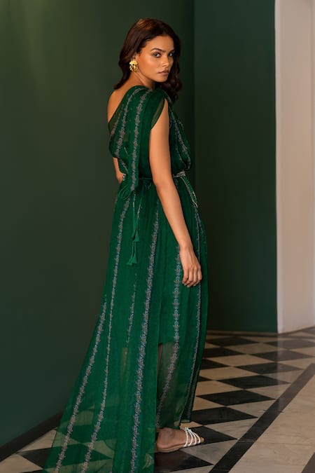 Shop 17:17 By Simmi Saboo Green Chiffon Embroidery Asymmetric Nemo Hamsa Pattern Dress With Pocket Belt at Aza Fashions Shop_17:17 By Simmi Saboo_Green Chiffon Embroidery Asymmetric Nemo Hamsa Pattern Dress With Pocket Belt _at_Aza_Fashions