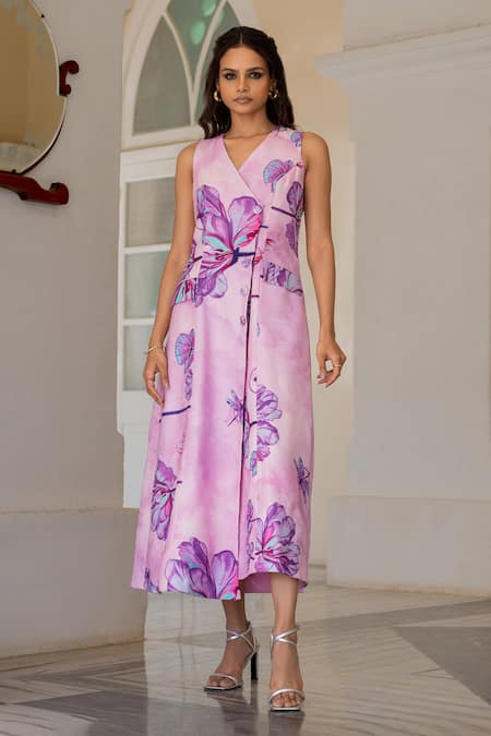 17:17 By Simmi Saboo Purple Muslin Beads V-neck Noah Floral Bloom Pattern Blazer Dress 