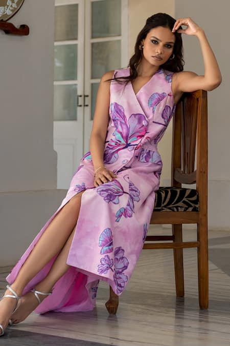 17:17 By Simmi Saboo_Purple Muslin Beads V-neck Noah Floral Bloom Pattern Blazer Dress _Online_at_Aza_Fashions