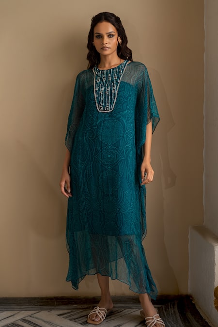 17:17 By Simmi Saboo Blue Chiffon Crystals Round Neck Nova Floral Mandala Pattern Kaftan 