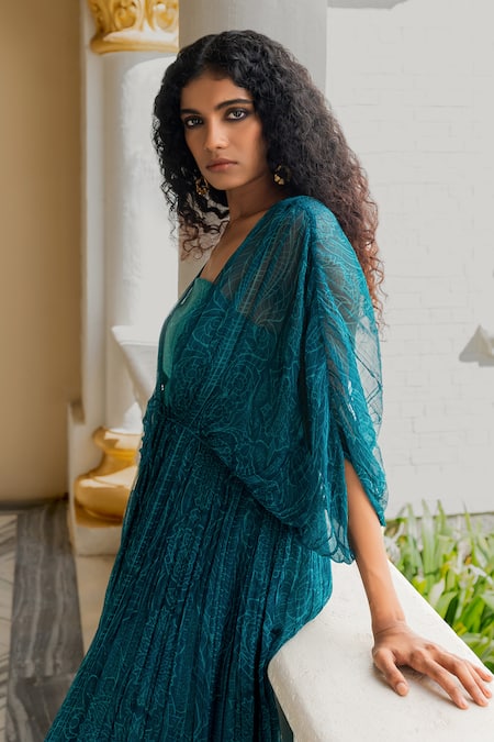 17:17 By Simmi Saboo Blue Chiffon Embroidery Square Neck Rooh Floral Pattern Pull-over With Dress Online at Aza Fashions 17:17 By Simmi Saboo_Blue Chiffon Embroidery Square Neck Rooh Floral Pattern Pull-over With Dress _Online_at_Aza_Fashions