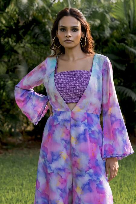 17:17 By Simmi Saboo Purple Muslin Paint Brush Effect V Neck Tetra Jumpsuit With Bustier Online at Aza Fashions 17:17 By Simmi Saboo_Purple Muslin Paint Brush Effect V Neck Tetra Jumpsuit With Bustier _Online_at_Aza_Fashions