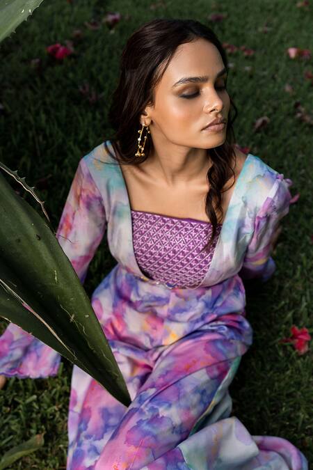 Buy 17:17 By Simmi Saboo Purple Muslin Paint Brush Effect V Neck Tetra Jumpsuit With Bustier Online at Aza Fashions Buy_17:17 By Simmi Saboo_Purple Muslin Paint Brush Effect V Neck Tetra Jumpsuit With Bustier _Online_at_Aza_Fashions