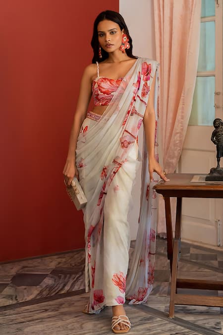 Off White Chiffon Saree With Floral Embroidery