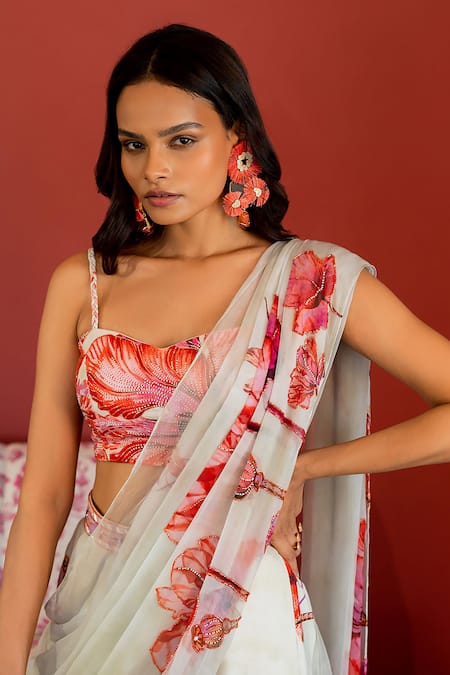Buy_17:17 By Simmi Saboo_Off White Chiffon Embroidered Cutdana Aasma Pre-draped Pant Saree With Bustier _Online_at_Aza_Fashions