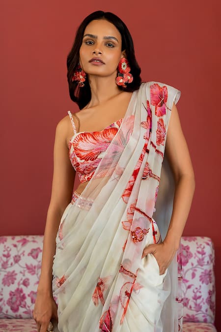Shop_17:17 By Simmi Saboo_Off White Chiffon Embroidered Cutdana Aasma Pre-draped Pant Saree With Bustier _Online_at_Aza_Fashions