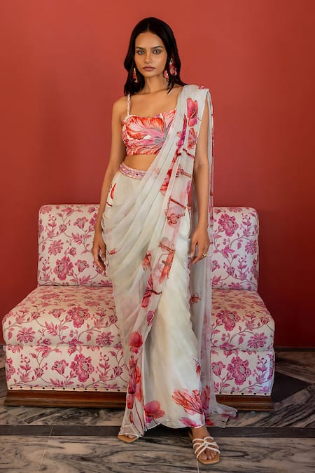 17:17 By Simmi Saboo_Off White Chiffon Embroidered Cutdana Aasma Pre-draped Pant Saree With Bustier _at_Aza_Fashions