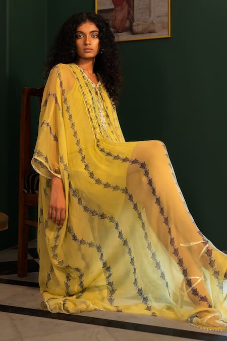 Buy_17:17 By Simmi Saboo_Yellow Round Neck Ajooni Evil Eye Print Kaftan With Inner _Online_at_Aza_Fashions
