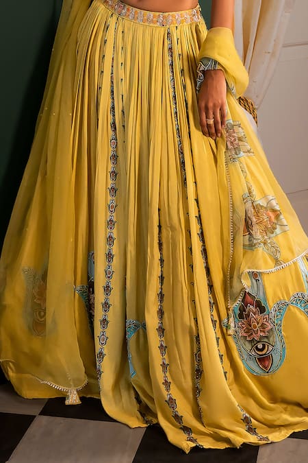 17:17 By Simmi Saboo Yellow Muslin Embroidered Cutdana V Neck Ariana Evil Eye Print Lehenga Set Online at Aza Fashions 17:17 By Simmi Saboo_Yellow Muslin Embroidered Cutdana V Neck Ariana Evil Eye Print Lehenga Set _Online_at_Aza_Fashions