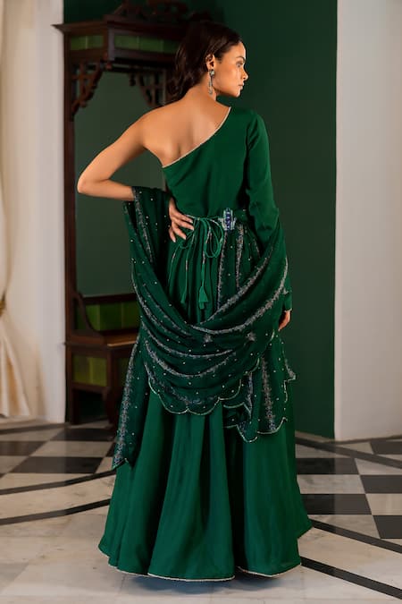 Shop 17:17 By Simmi Saboo Green Muslin Embroidered Cutdana One Shoulder Bob Anarkali With Dupatta at Aza Fashions Shop_17:17 By Simmi Saboo_Green Muslin Embroidered Cutdana One Shoulder Bob Anarkali With Dupatta _at_Aza_Fashions
