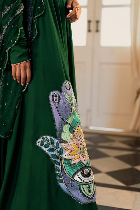Shop 17:17 By Simmi Saboo Green Muslin Embroidered Cutdana One Shoulder Bob Anarkali With Dupatta Online at Aza Fashions Shop_17:17 By Simmi Saboo_Green Muslin Embroidered Cutdana One Shoulder Bob Anarkali With Dupatta _Online_at_Aza_Fashions