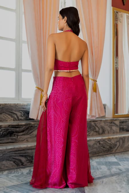 Shop_17:17 By Simmi Saboo_Pink Muslin Embroidery Halter Neck Bubbles Jumpsuit _at_Aza_Fashions