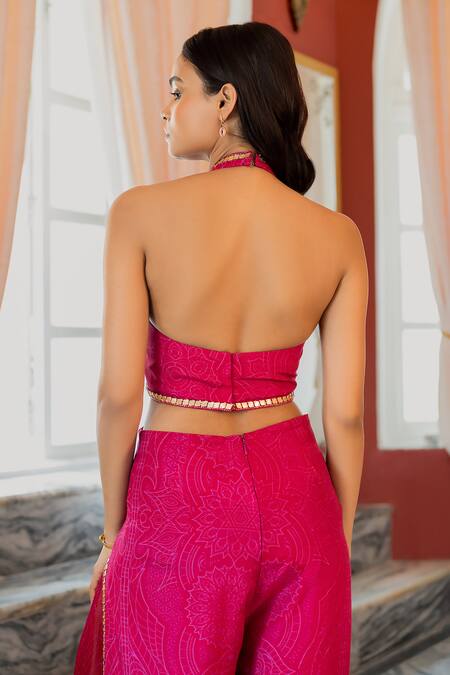 Shop_17:17 By Simmi Saboo_Pink Muslin Embroidery Halter Neck Bubbles Jumpsuit _Online_at_Aza_Fashions