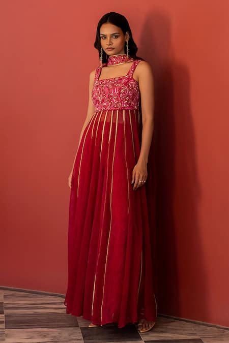 17:17 By Simmi Saboo Pink Chiffon Embroidery, Cut Work Square Neck Bubbletea Anarkali Pant Set 